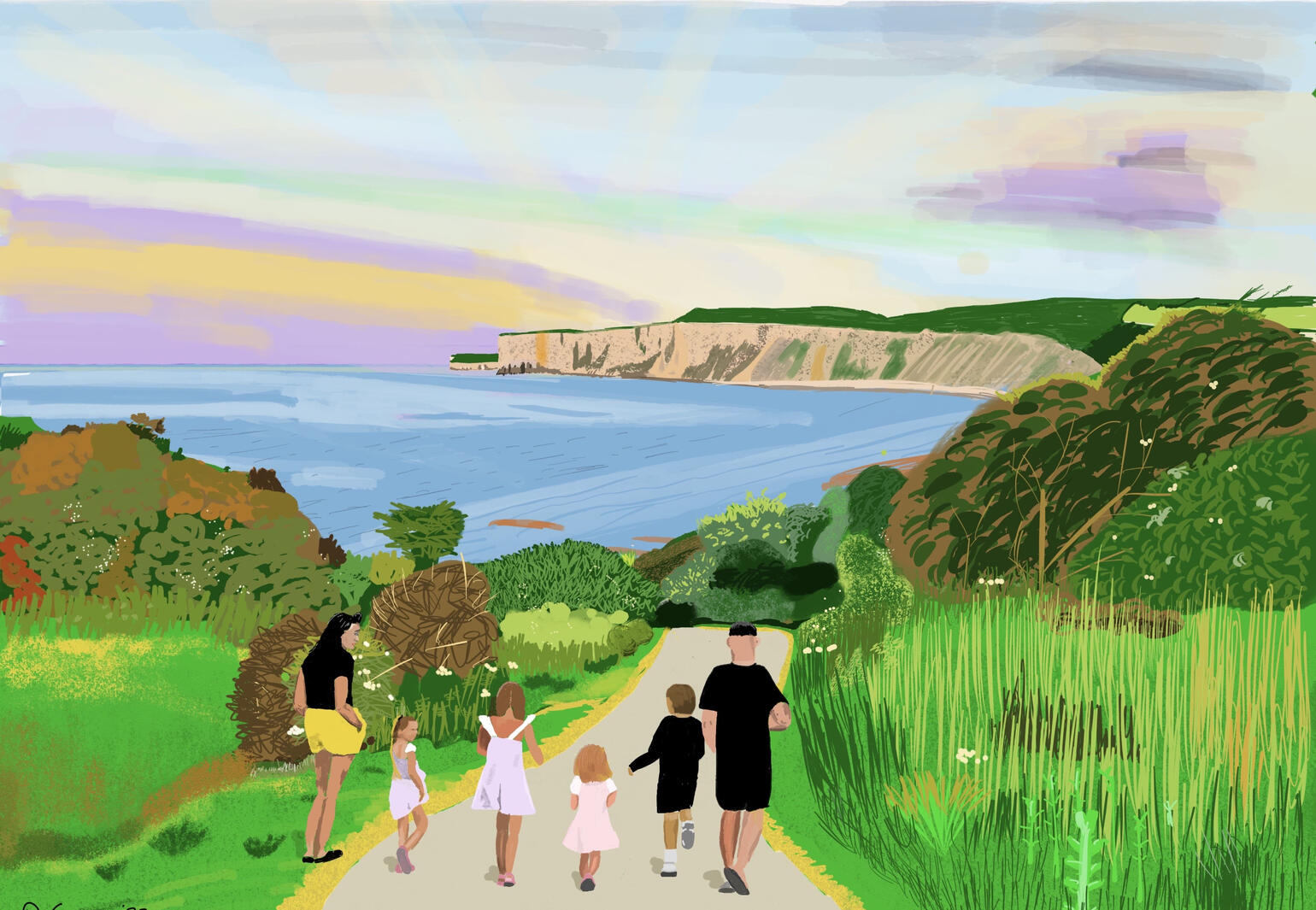 Painting of Filey Bay from Primrose Valley with family -North Yorkshire