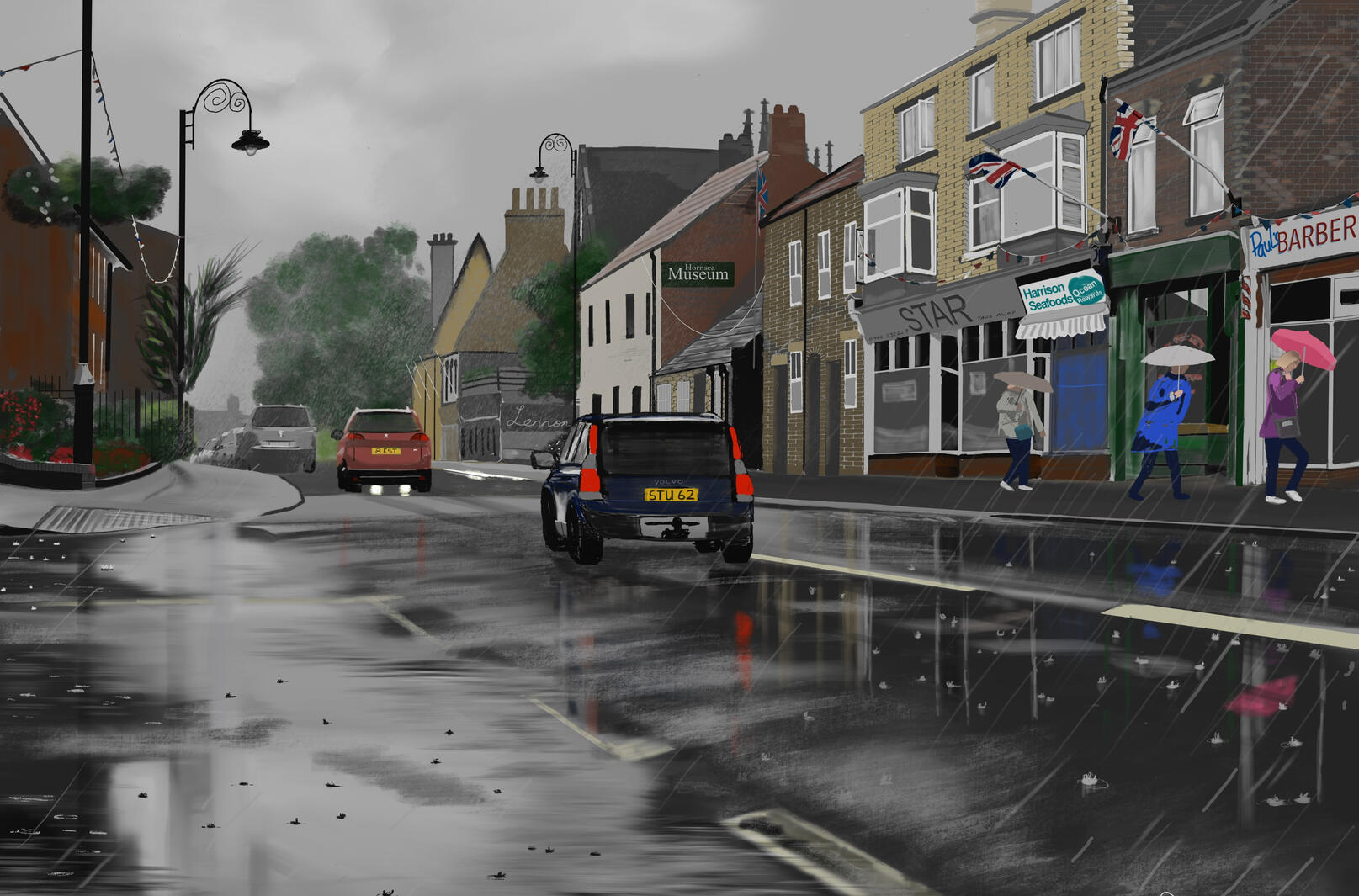 Painting of a rainy day in Hornsea East Yorkshire. Reflections in the road.