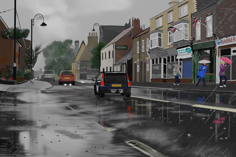 HORNSEA An August downpour, best enjoyed in a cafe with tea and bun. The appeal for me was the trio of umbrella ladies and those road reflections....Enquire