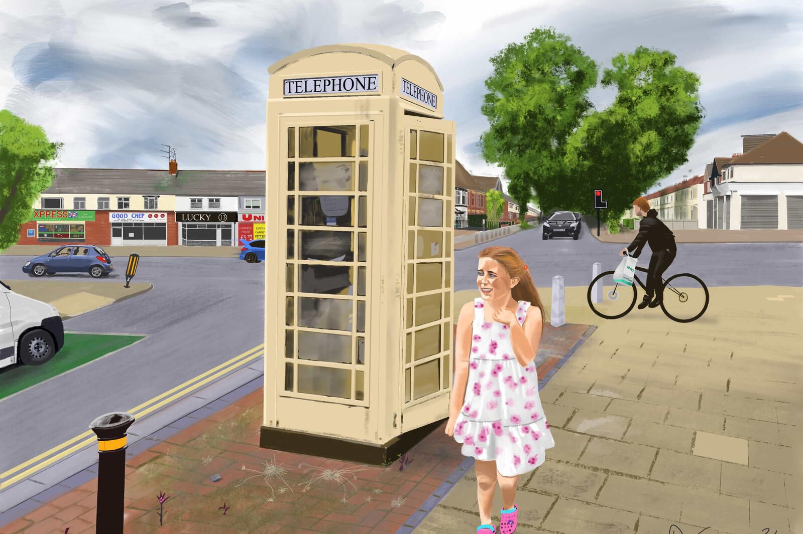 Cream telephone box painting in Hull. East Yorkshire.