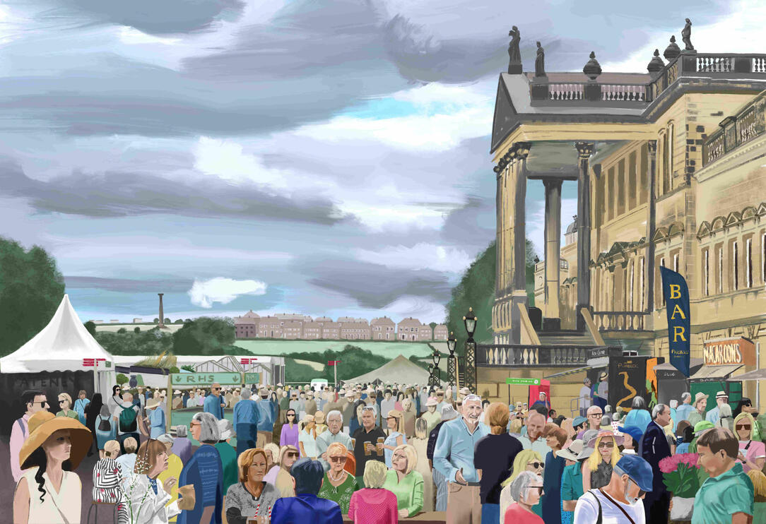 WENTWORTH WOODHOUSE The scene features the RHS Flower Show from summer 2025. Framed Original giclee on display soon in The Gallery Hornsea. For Prints 👉🏻 Email