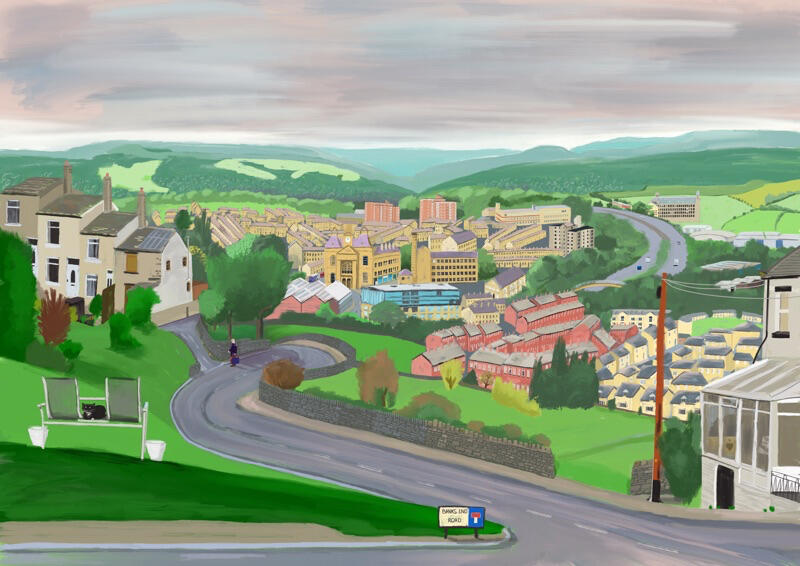 ELLAND The view from Upper Edge. Influences from Hockney and Lowrie.