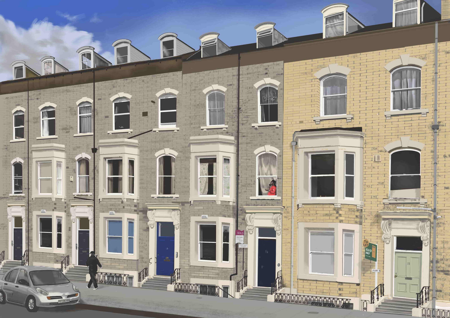 painting of Scarborough town houses in the sun - North Yorkshire