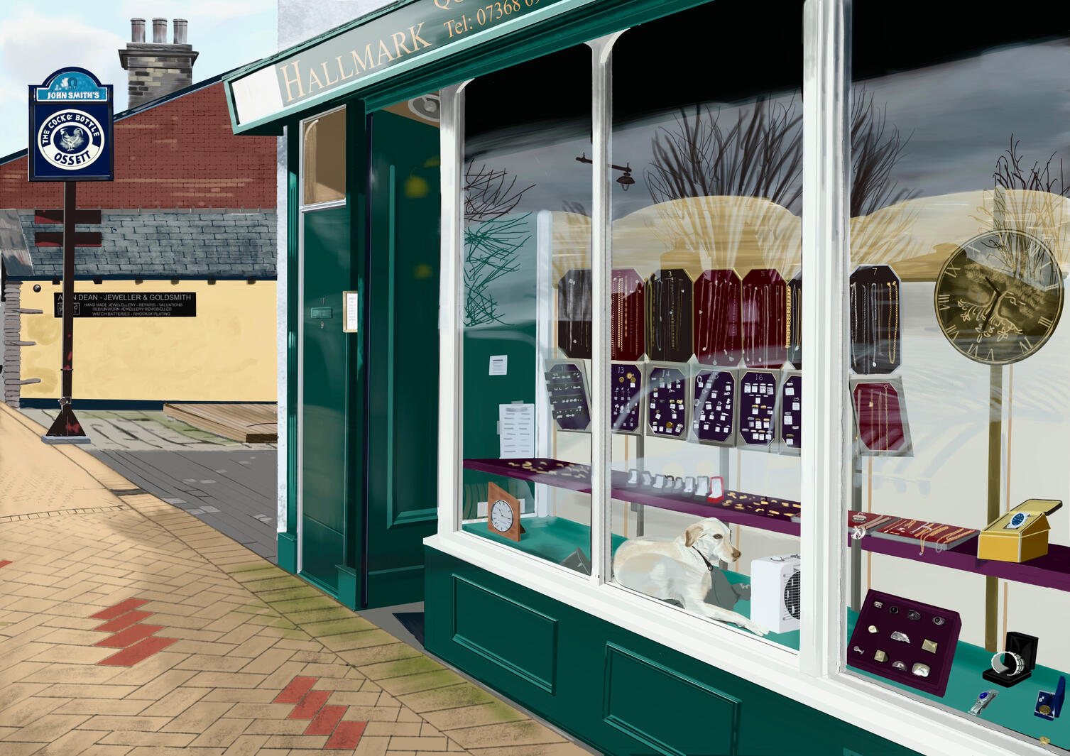 Yorkshire Art featuring dog in Ossett shop window.