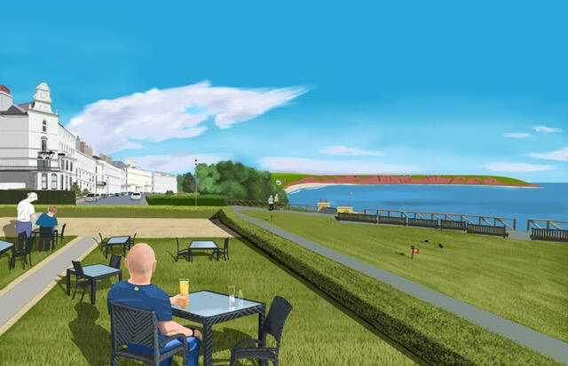 Yorkshire Art featuring Filey town and the Brigg in bright sunshine