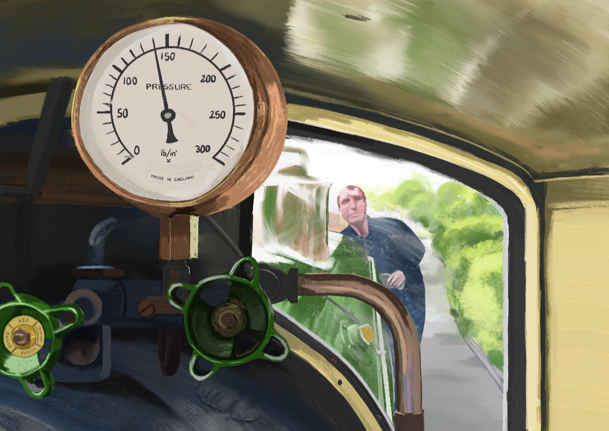 KIRKLEES LIGHT RAILWAY - Inside 'Katie' the narrow gauge engine. The engineer makes careful adjustments to prevent the boiler blowing! Maybe we all need a pressure gauge. #1 A3 framed print available £125 👉🏻 Enquire