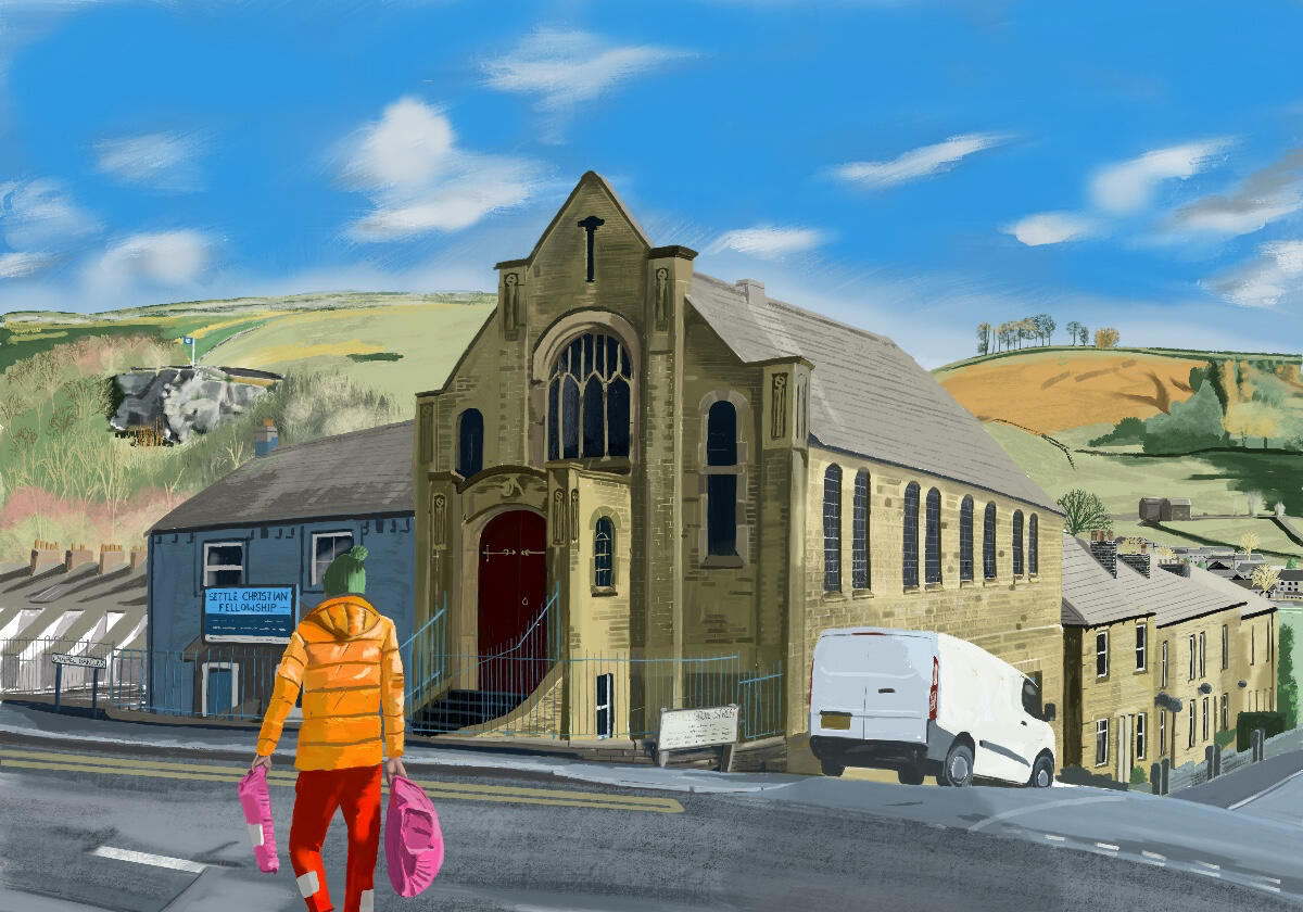 Yorkshire painting with Church and landscape behind